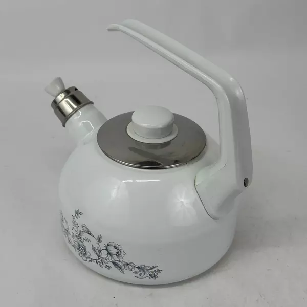 Vintage White Enamelware Whistling Tea Kettle With Blue Floral Pattern