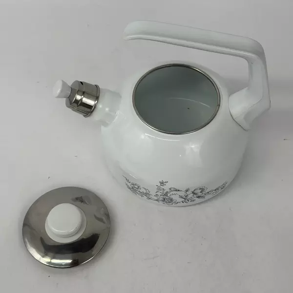 Vintage White Enamelware Whistling Tea Kettle With Blue Floral Pattern
