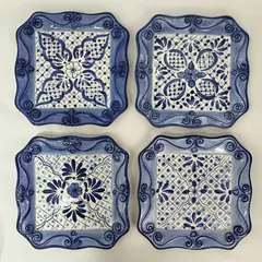 Set of 4 Tabletops Unlimited Hand Painted Lisbon Square Dinner Plates 11.25 inch