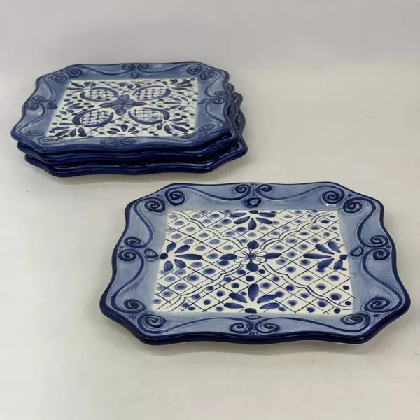 Set of 4 Tabletops Unlimited Hand Painted Lisbon Square Dinner Plates 11.25 inch