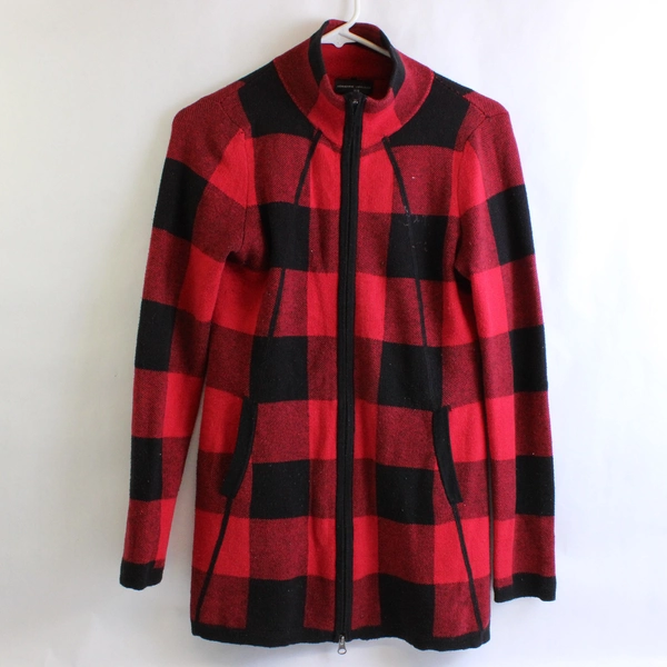 Adrienne Vittadini Long Sleeve Zip Up Jacket Gingham Black Red Women's Size XS