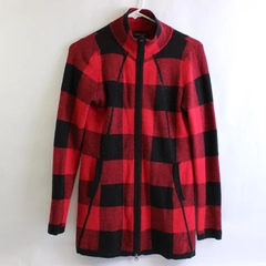 Adrienne Vittadini Long Sleeve Zip Up Jacket Gingham Black Red Women's Size XS