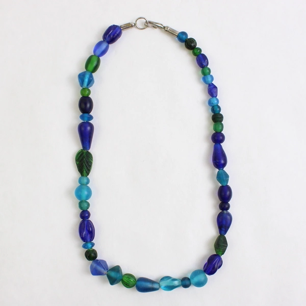 Green and Blue Tumbled Glass Beaded Necklace 19"