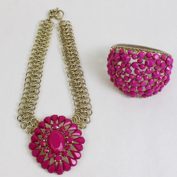 2 Piece Set Fuchsia and Gold-Tone Statement Necklace and Hinged Bangle Bracelet