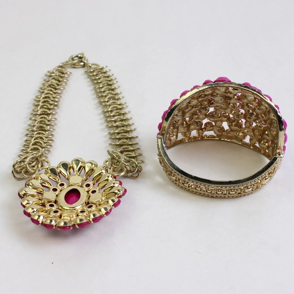 2 Piece Set Fuchsia and Gold-Tone Statement Necklace and Hinged Bangle Bracelet