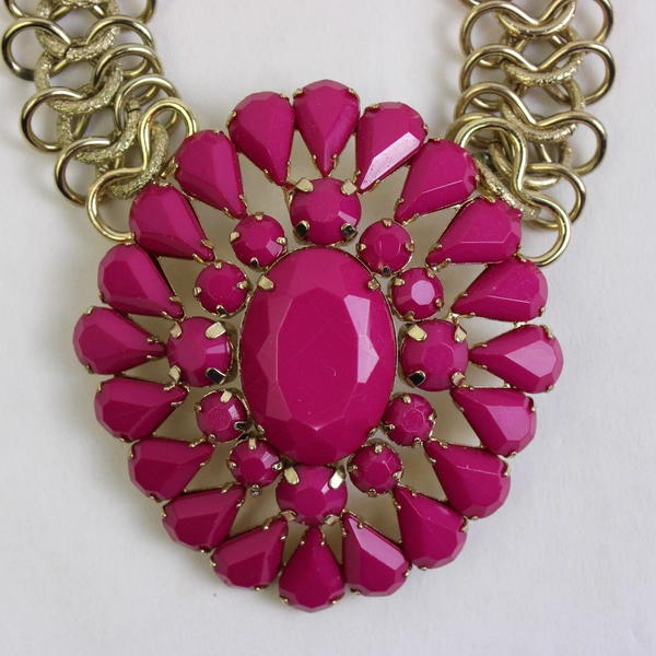 2 Piece Set Fuchsia and Gold-Tone Statement Necklace and Hinged Bangle Bracelet