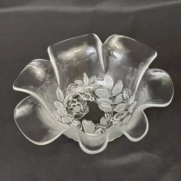 1989 Mikasa Bianca Frosted Glass Hostess Bowl Embossed Rose Pattern