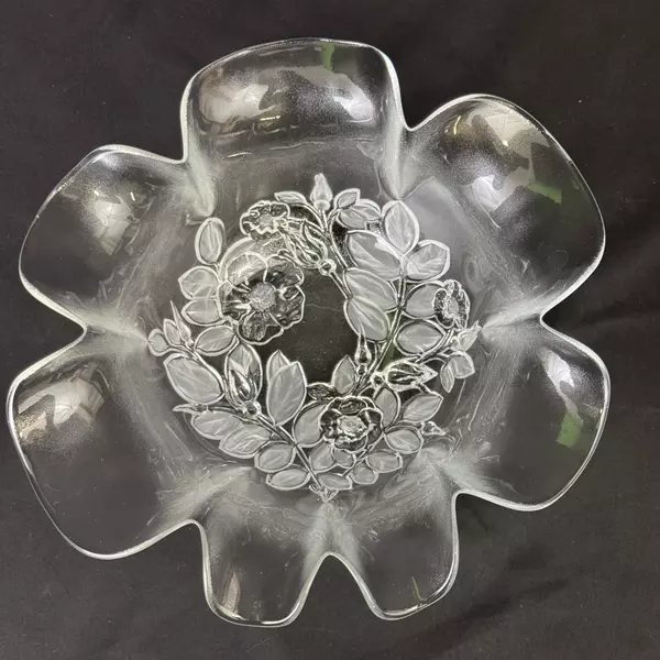 1989 Mikasa Bianca Frosted Glass Hostess Bowl Embossed Rose Pattern