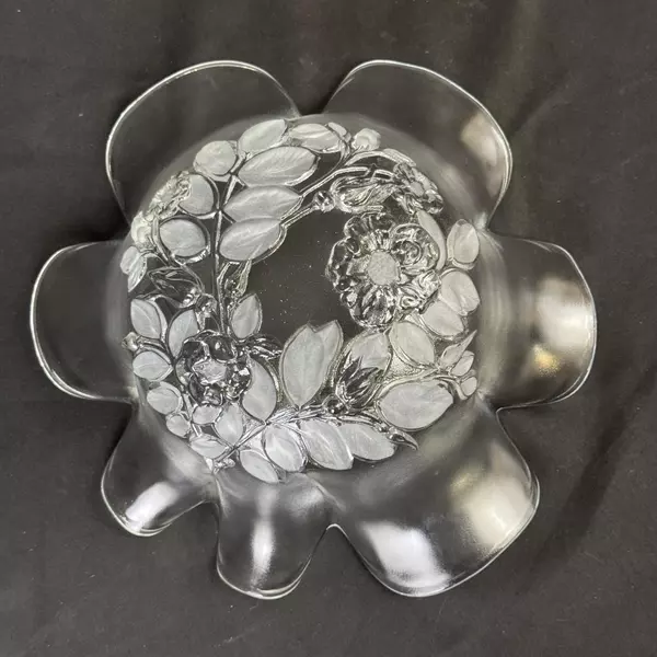 1989 Mikasa Bianca Frosted Glass Hostess Bowl Embossed Rose Pattern