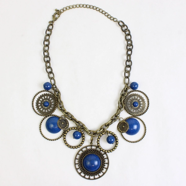 Premier Designs Brass Tone & Blue Cabochon Stone Boho Statement Necklace 20"