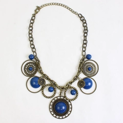 Premier Designs Brass Tone & Blue Cabochon Stone Boho Statement Necklace 20"