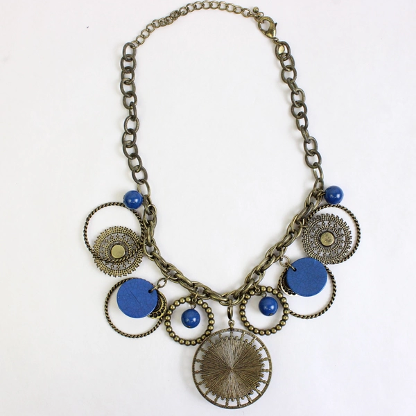 Premier Designs Brass Tone & Blue Cabochon Stone Boho Statement Necklace 20"