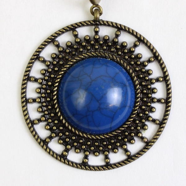 Premier Designs Brass Tone & Blue Cabochon Stone Boho Statement Necklace 20"