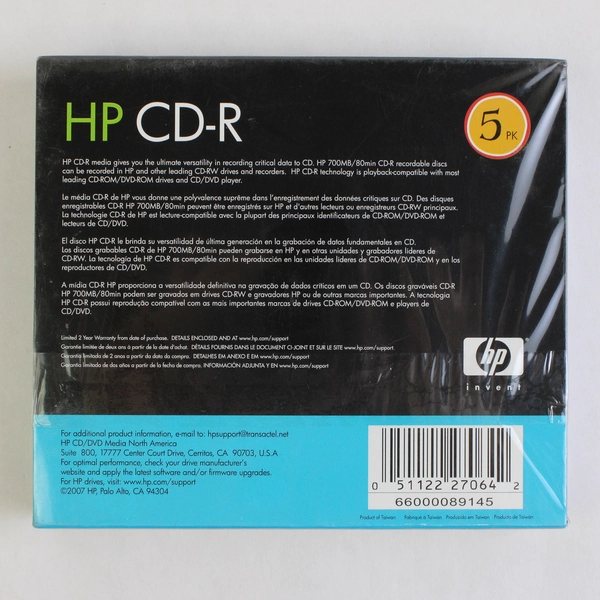 New Sealed Pack of 5 HP CD-R Discs 700 MB Data 52x