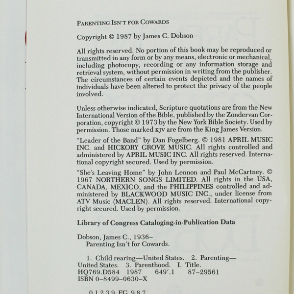 Parenting Isn't for Cowards by Dr. James C. Dobson 1987 Hardcover Book