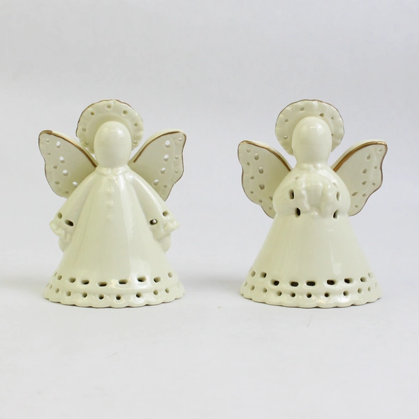Set of 2 Glazed Porcelain Angel Bells Cream With Gold Trim