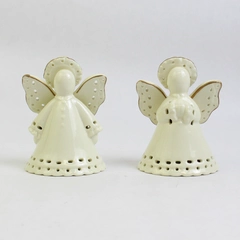 Set of 2 Glazed Porcelain Angel Bells Cream With Gold Trim
