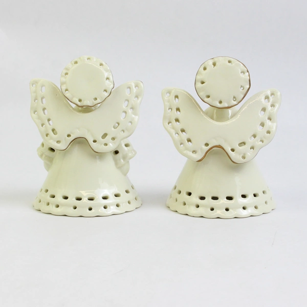 Set of 2 Glazed Porcelain Angel Bells Cream With Gold Trim