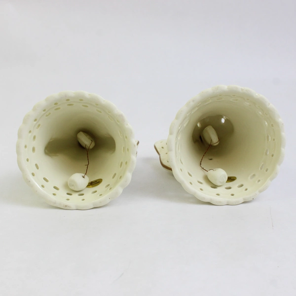Set of 2 Glazed Porcelain Angel Bells Cream With Gold Trim