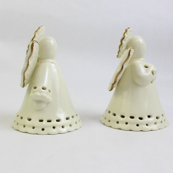 Set of 2 Glazed Porcelain Angel Bells Cream With Gold Trim