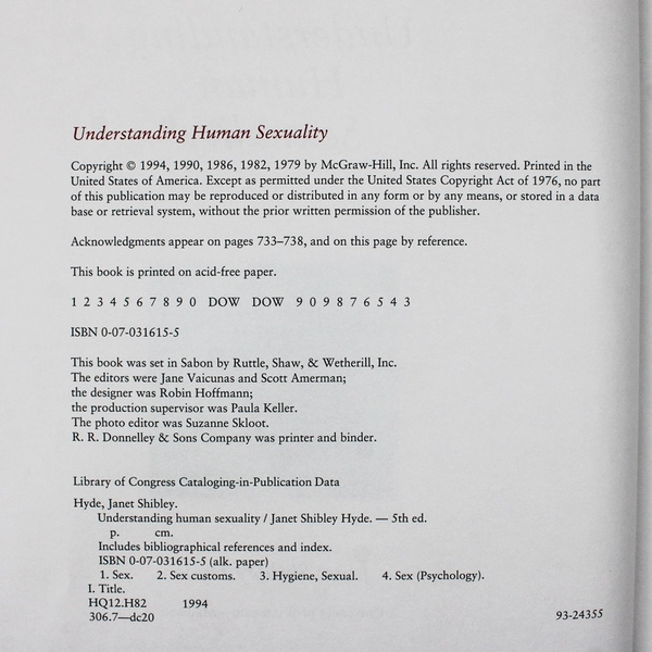 Understanding Human Sexuality by Janet Shibley Hyde 1994 5th Edition Hardcover
