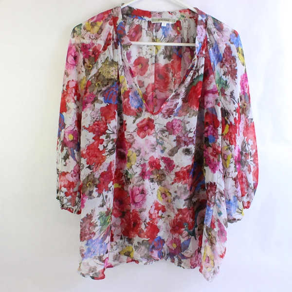 Pleione Women's Floral Print Women's Blouse Sheer Polyester Size Large 