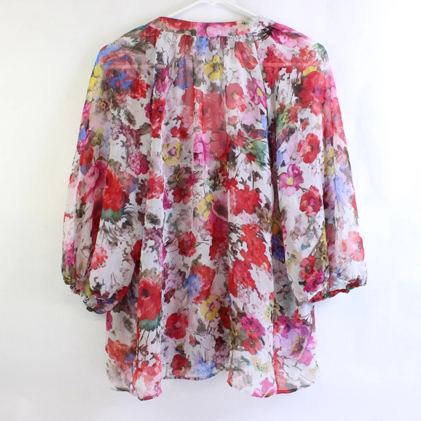 Pleione Women's Floral Print Women's Blouse Sheer Polyester Size Large 