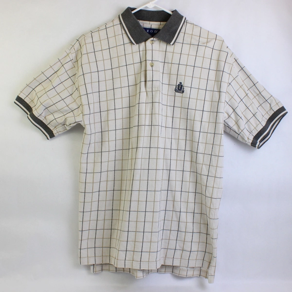 IZOD Beige and Gray Cotton Grid Pattern Polo Men's Medium