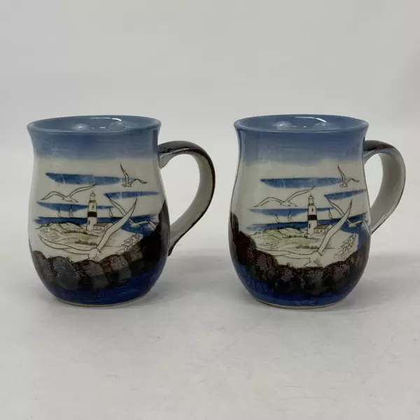 Lot of 2 Seagull And Lighthouse Beach Scene Coffee Mugs