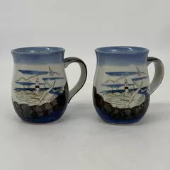 Lot of 2 Seagull And Lighthouse Beach Scene Coffee Mugs
