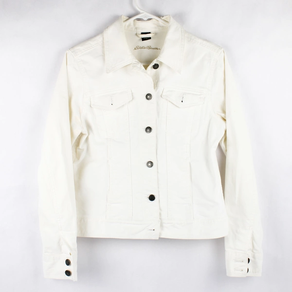 Eddie Bauer Solid White Long Sleeve Button Up Jean Jacket Size Womens Small 