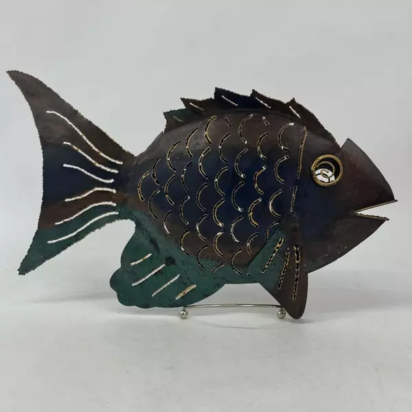 Metal Plasma Cut Fish Tealight or Votive Candle Holder with Stand