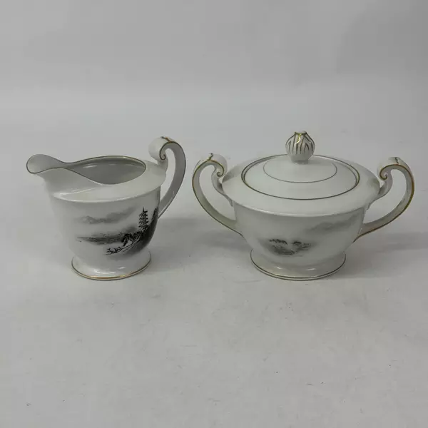 Vintage Fukagawa Arita Landscape Creamer and Sugar Bowl With Lid