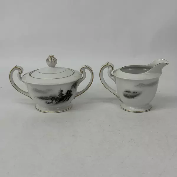 Vintage Fukagawa Arita Landscape Creamer and Sugar Bowl With Lid