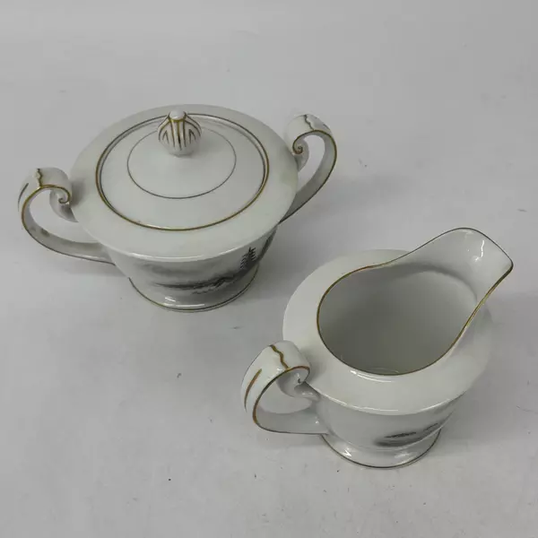 Vintage Fukagawa Arita Landscape Creamer and Sugar Bowl With Lid