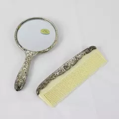 Vintage Silver Mirror and Comb Set Handheld Vanity Accessory Ornate