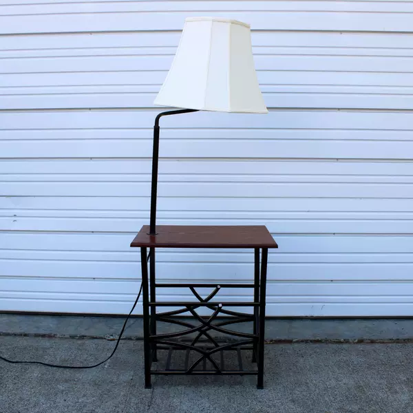 Wood and Aluminum End Table with Table Lamp and Magazine Organizer Shelf