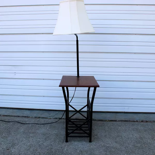 Wood and Aluminum End Table with Table Lamp and Magazine Organizer Shelf