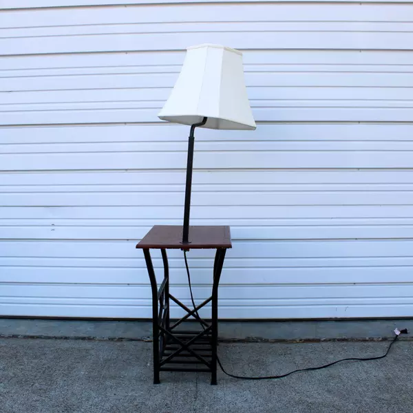 Wood and Aluminum End Table with Table Lamp and Magazine Organizer Shelf