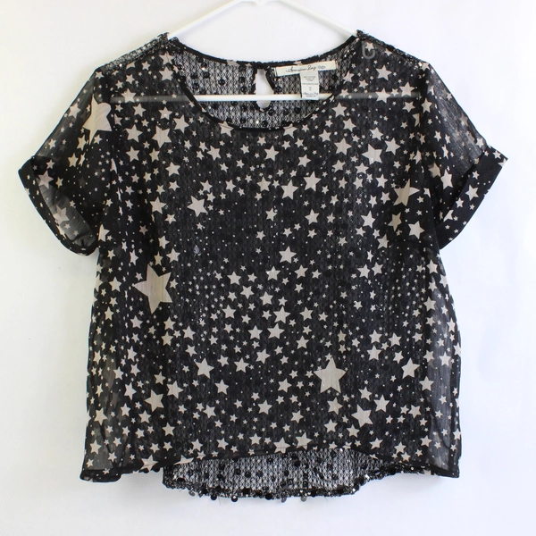 American Rag Cie Sheer Black & Beige Star Patterned Blouse Women's Small