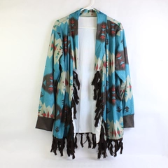 Multicolor Tribal Pattern Long-Sleeve Duster With Fringe Women's Size 3XL