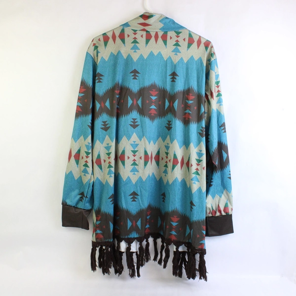 Multicolor Tribal Pattern Long-Sleeve Duster With Fringe Women's Size 3XL