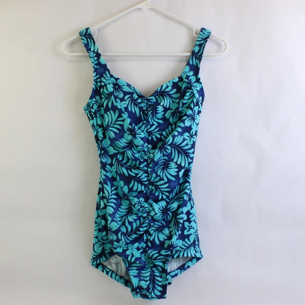 Rose Marie Reid Blue Tropical Floral Pattern One-Piece Swimsuit Women's Size 10