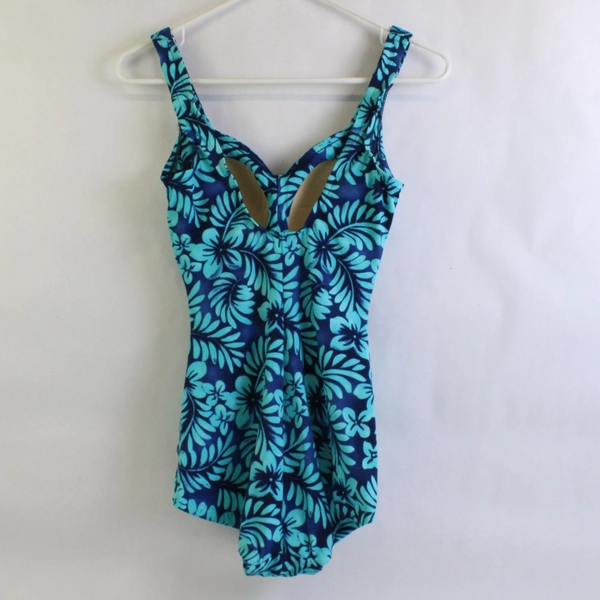 Rose Marie Reid Blue Tropical Floral Pattern One-Piece Swimsuit Women's Size 10