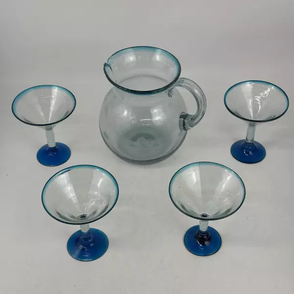 Hand Blown Blue Glass Pitcher With 4 Matching Margarita Glasses