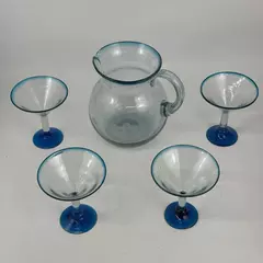 Hand Blown Blue Glass Pitcher With 4 Matching Margarita Glasses