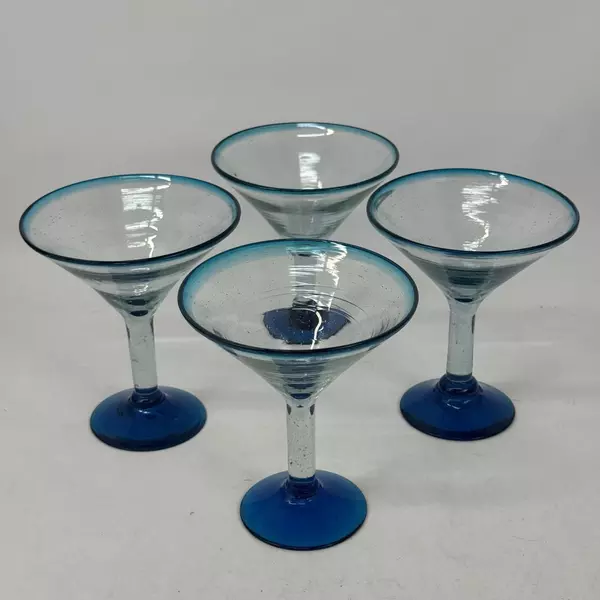 Hand Blown Blue Glass Pitcher With 4 Matching Margarita Glasses