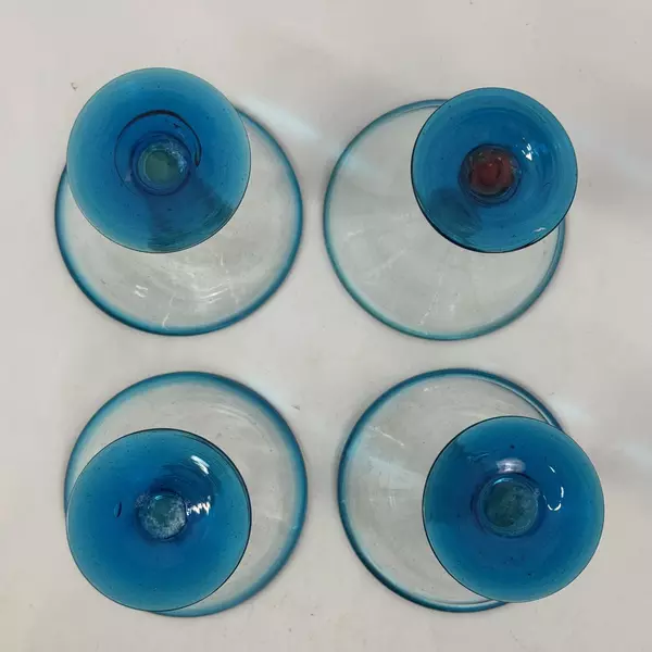 Hand Blown Blue Glass Pitcher With 4 Matching Margarita Glasses
