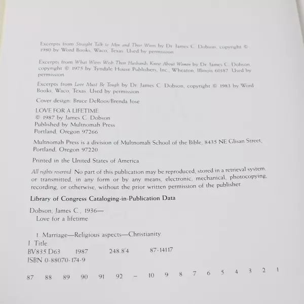 Love for a Lifetime Building a Marriage James Dobson 1987 Hardcover