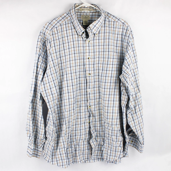 L.L. Bean Wrinkle Resistant Blue and Brown Plaid Button-Down Men's XL FLAWED